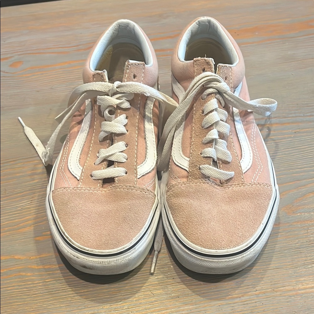 Vans Pink and White Old Skool Sneakers with Suede Canvas Upper